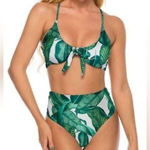 NWT. Leafy Tropical Higj Waisted Bikini Set With Removable Self Tie Knot On Top